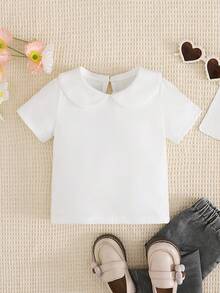 SHEIN Vintaside Kids 女婴夏季简约纯色彼得潘领短袖上衣 - 白色 - 查看 3