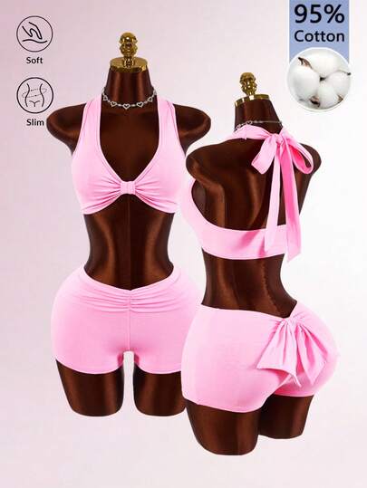 Amplova 2026 Low-Cut Cropped Tank Top & Low-Waist Bowknot Shorts Set For Women