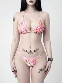ROMWE Goth 女士春夏秋季优雅沙滩度假露背抽绳粉色百合数码印花蕾丝拼接比基尼泳装套装 - 粉色 - 查看 4