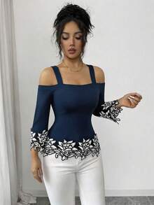 SHEIN Elenzya 优雅浪漫度假风黑白3D立体花卉饰边露肩T恤（女款） - 藏蓝色 - 查看 5