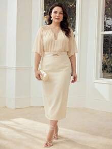 MOTF PREMIUM PLUS SIZE WOMEN'S CHIFFON CONTRAST MESH EMBROIDERED ROMANTIC BLOUSE, SPRING/SUMMER - Apricot - View 7