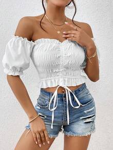 Sundraya Camisa crop de hombros descubiertos ribete fruncido con cordón delantero - Blanco - Ver 6