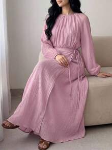 Solavon Women's Solid Color Pleated Casual Party Long Dress - Pink - View 3