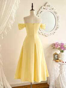 Vintamour Robe jaune élégante vintage pour femmes, patchwork en dentelle épaules dénudées avec poches, tenue décontractée pour vacances d'été, rendez-vous, invitée de mariage, fête, remise des diplômes, bal de promo - Jaune d'oie - Voir 7