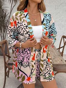 SHEIN VCAY Plus Size Women's Summer Beach Vacation Floral Print Loose Fit Kimono Top And Shorts 2-Piece Set - Multicolor - View 5