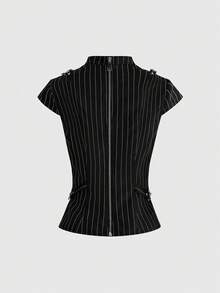 ROMWE Grunge Punk Áo sơ mi nữ phong cách Gothic khoét rỗng với trang trí kim loại, họa tiết sọc cổ điển. - màu đen - Xem 2