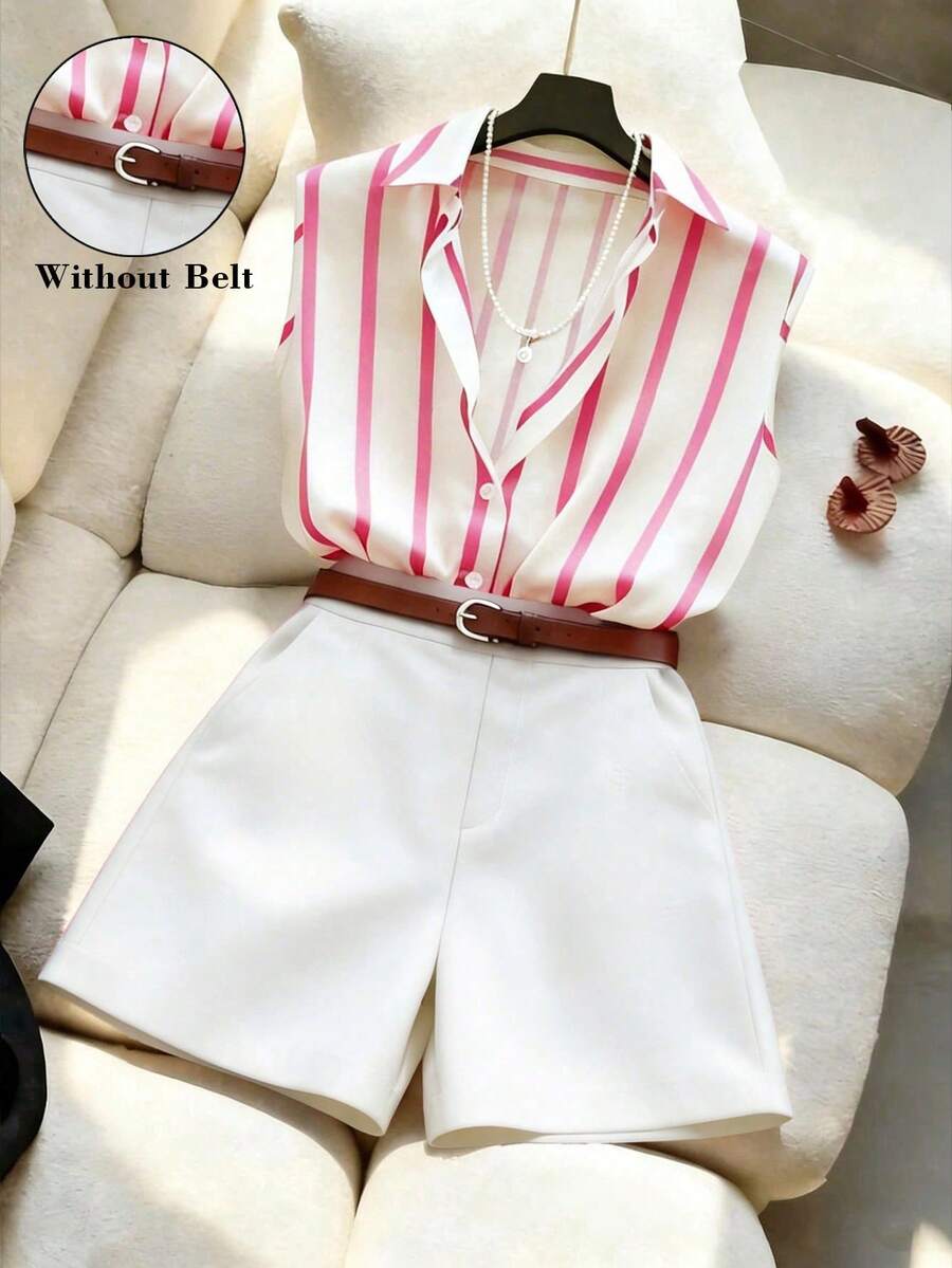 SHEIN Franclia Blusa de mujer sin mangas a rayas + Pantalones cortos sueltos versátiles y de moda, primavera/verano - Rosa - Ver 1