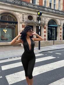 Aloruh Black Sexy Studded Deep V Boho Bodycon Jumpsuit, Suitable For Music Festivals - Black - View 5