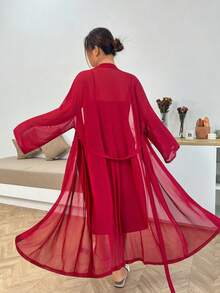 Dream Adore Plus Size Lace Camisole Nightgown And Sexy Mesh Robe Set - Burgundy - View 2