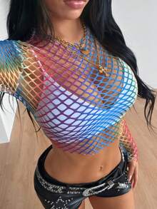 SHEIN ICON 骄傲月彩虹格纹透视修身短袖女式上衣 - 彩色 - 查看 4