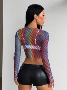 SHEIN ICON 骄傲月彩虹格纹透视修身短袖女式上衣 - 彩色 - 查看 6
