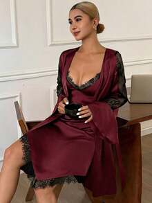 DAZY 2pcs Women's Summer Satin & Lace Patchwork Ruffle Sleeve Robe Set, Adjustable Waist Camisole Shorts Pajama Suit - Burgundy - View 3