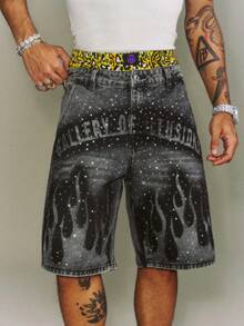 CRAVYNX Casual Loose Distressed Flame Print Rhinestone Embellished Shorts, American Style - Grey - View 7