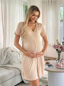 Moonlight&Mama Đầm bầu cổ chữ V tay ngắn cài một hàng khuy kiểu dáng thường ngày - Màu be - Xem 4