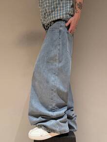 STEELVANCE Vintage Washed Embroidered Loose Straight Leg Casual Jeans, Versatile Streetwear - Light Wash - View 6