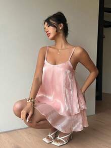 Siren Gaze Áo hai dây voan xếp tầng viền bèo nhún dành cho nữ, kiểu dáng thanh lịch cho buổi hẹn hò mùa hè. - Hồng - Xem 6