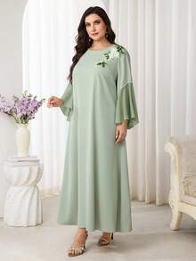 Al Najma 大码女式圆领3D立体花卉装饰休闲派对阿拉伯风格连衣裙 - 薄荷綠 - 查看 8