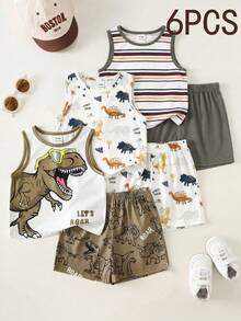 SHEIN 6pcs/Set Unisex Baby Casual Cute Cartoon Print Knit Vest & Shorts Set, Summer Outfit - Multicolor - View 1