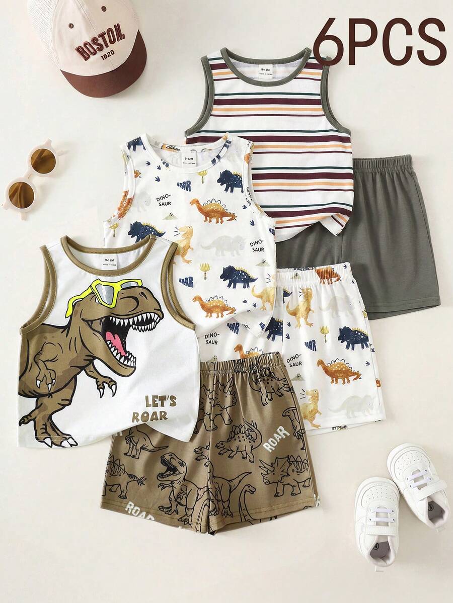 SHEIN 6pcs/Set Unisex Baby Casual Cute Cartoon Print Knit Vest & Shorts Set, Summer Outfit - Multicolor - View 1