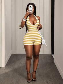 BamGleam American Retro Striped Tie-Up Jumpsuit,Blue & White Halter V-Neck Knit Bodycon Shorts, Backless Fitness White And Yellow,Summer,Club,Pool Party - Yellow - View 6