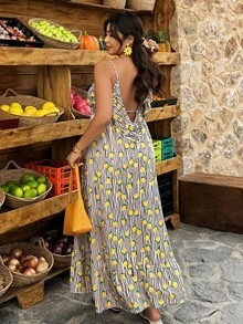Breezaya Plus Size Women's Casual Vacation Dress With Ruffled Backless, Striped Lemon Print, A-Line, Spring/Summer - Multicolor - View 1