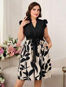 SHEIN Clasi Plus Graphic Print Notched Neckline Ruffle Trim Belted Dress - Apricot - View 7