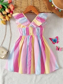 Colorful Striped Print Contrast Bow Ruffle Trim Short Sleeve Pink Casual Dress, Fashion Baby Daily Wear Dress, Spring/Summer Holiday Style - Multicolor - View 2