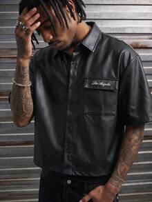 AXEPEAK Camisa casual de uso diario versátil de solapa única con estampado de letras para hombres - Negro - Ver 1