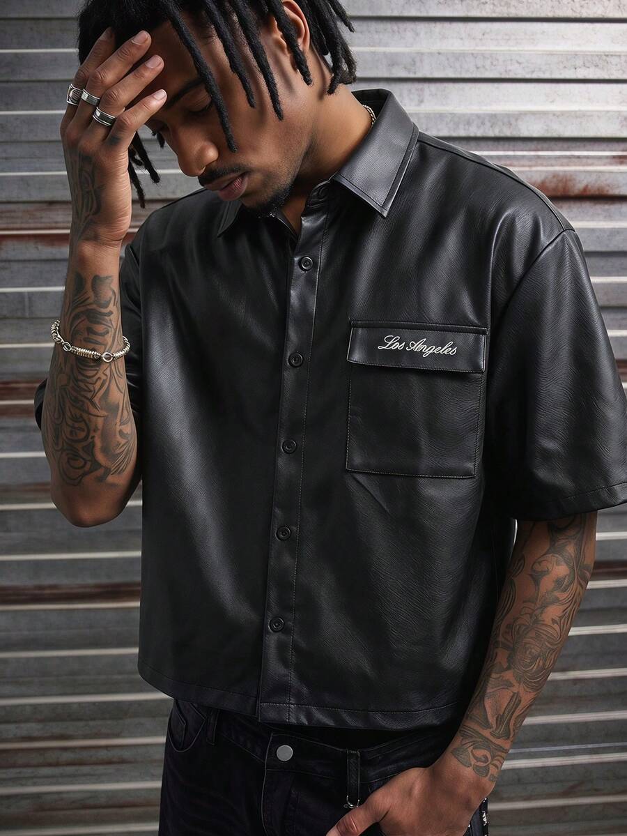 AXEPEAK Camisa casual de uso diario versátil de solapa única con estampado de letras para hombres - Negro - Ver 1