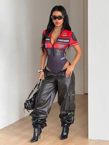 SHEIN ICON Stand Collar Zipper Motorcycle Print Bodysuit, Streetwear Short Sleeve For Summer - Multicolor - View 5