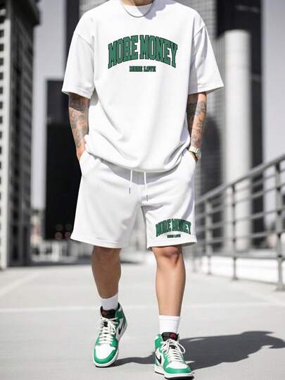 Sorvial Standard Size White Knit Men's Short Sleeve T-Shirt And Shorts 2 Pieces Set