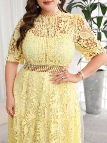 tido blanco de talla grande, vestido elegante para té, vestidos de verano de talla grande, vestidos curvy de talla grande, vestidos para bodas y eventos, vestido de malla, vestido para salir - Amarillo - Ver 2