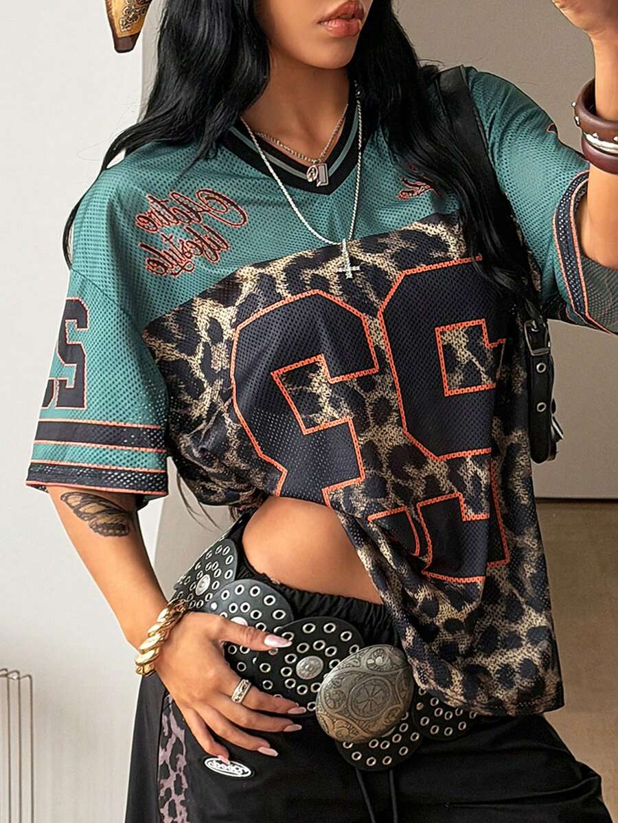 Coolane 女士夏季节日复古街头运动服号码印花超大棒球衫T恤 - 軍綠色 - 查看 1
