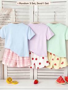 Cremeweiß & Frischgrün kariert, Inselresort Strandseiten Eiszitronen-Tee Muster, Baby Mädchen Casual Minimalist Rundhals Kurzarm T-Shirt und Shorts 2-teiliges Set, geeignet für Frühling/Sommer Alltagstragen, Street-Style, Urlaub, Farm, Resort - Verschiedenfarbig - Übersicht 2
