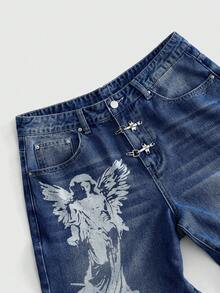 ROMWE MEN Street Life Men's Airplane Print Loose Fit Jeans - Blue - View 3