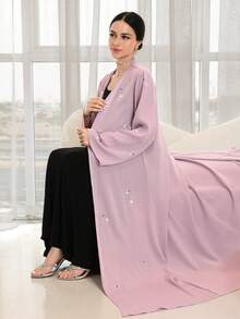 Yasmyna Áo Abaya dài tay thanh lịch dành cho nữ, điểm nhấn là nơ đính đá. - Hồng - Xem 7