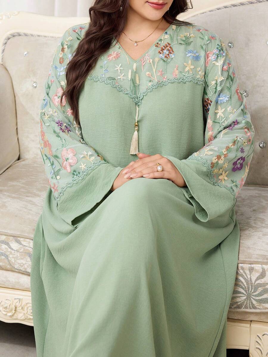 Al Najma 大码女式花卉刺绣流苏设计优雅阿拉伯风格连衣裙