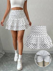 SHEIN Falda con volantes y estampado de lunares elegante y casual para niñas preadolescentes (con pantalones cortos incorporados), falda blanca de línea A - Blanco - Ver 5