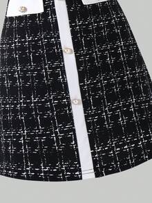 SHEIN Elladie kids 女孩甜美公主风清新可爱黑白撞色圆领短袖中长款薄纱连衣裙，饰有3D白色花朵，适合生日派对、幼儿园、日常外出、家庭聚会等场合。 - 黑色 - 查看 10