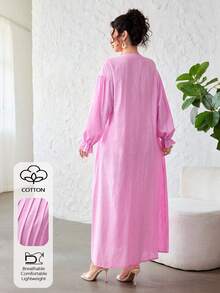 Al Najma Vestido de algodón con mangas largas, pliegues delanteros y botones de color rosa - Rosa - Ver 5