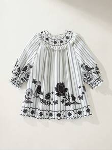 Maija Kids Maija Kids 1件女童优雅休闲度假精致舒适百搭条纹花卉图案宽松荷叶边下摆连衣裙，适合日常穿着、返校、郊游、聚会、节日、春季、夏季 - 黑與白 - 查看 2