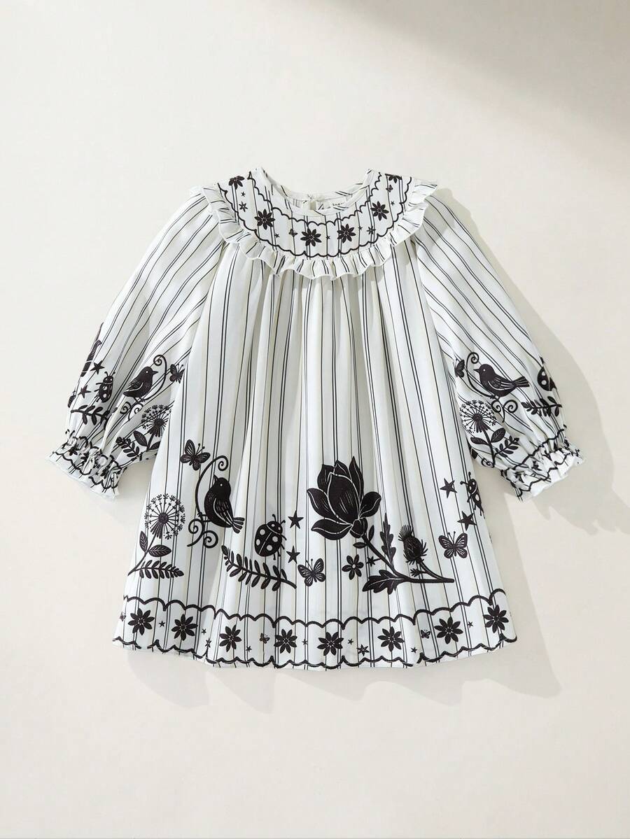 Maija Kids Maija Kids 1件女童优雅休闲度假精致舒适百搭条纹花卉图案宽松荷叶边下摆连衣裙,适合日常穿着、返校、郊游、聚会、节日、春季、夏季 - 黑與白 - 查看 1