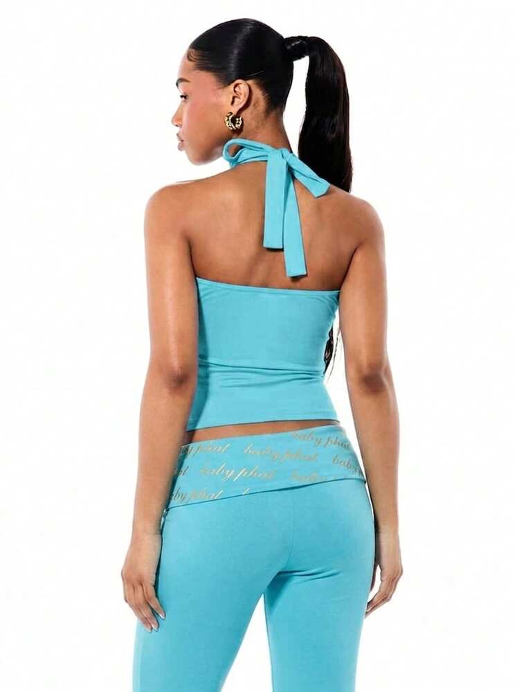 BABYPHAT Tie Neck Halter Style Jersey Top With Cursive Text Print Summer Casual Fashion Statement Piece
