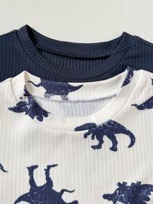 Cozy Pixies Baby Boy Cartoon Dinosaur Pattern Knitted Soft Crew Neck Short Sleeve T-Shirt And Elastic Waist Shorts 2-Piece Set - Multicolor - View 4