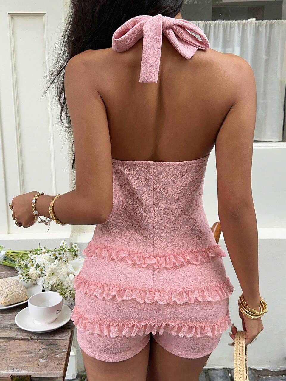 Lace Trim Fitted Pink Sports Jumpsuit