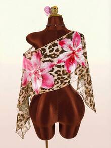 Amplova 女士金色亮片透视不对称肩部宽松不对称下摆上衣，派对装 - 彩色 - 查看 2