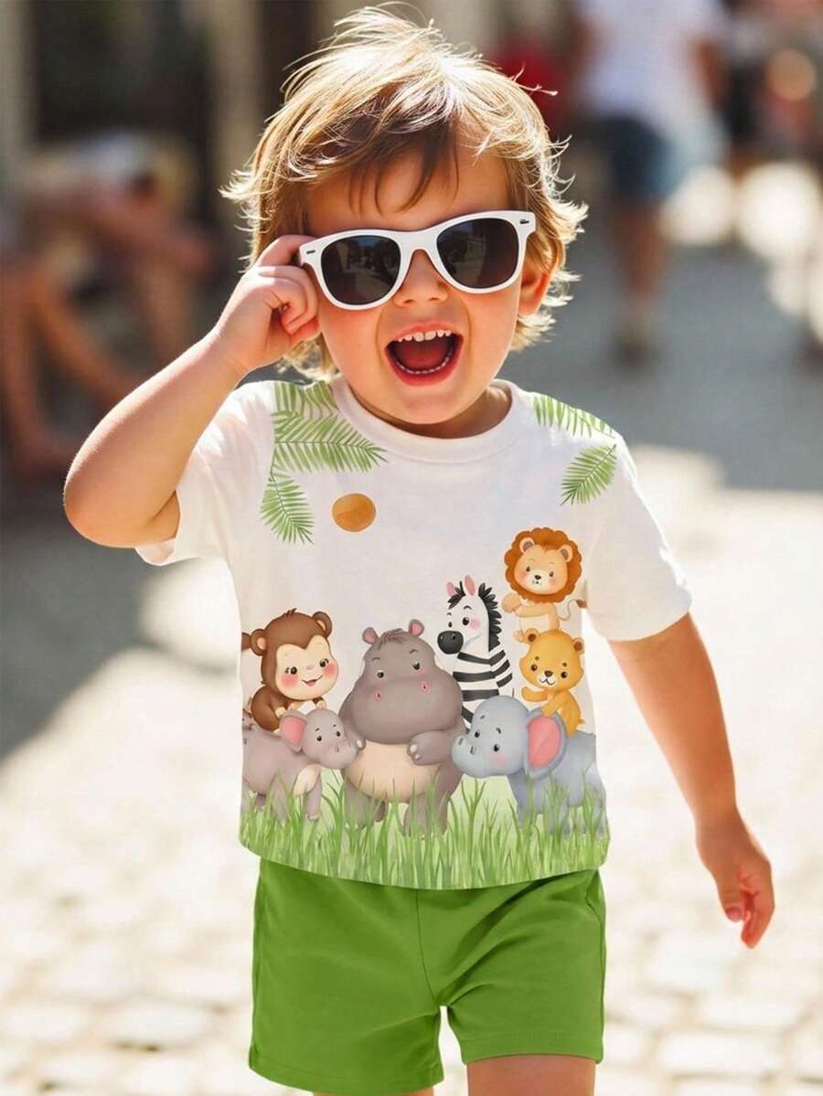 SHEIN Playful Pals 男婴休闲度假简约时尚可爱动物园猴子河马大象斑马狮子熊圆领T恤和配套短裤套装,适合夏季、休闲、户外、上学穿着 - 彩色 - 查看 1