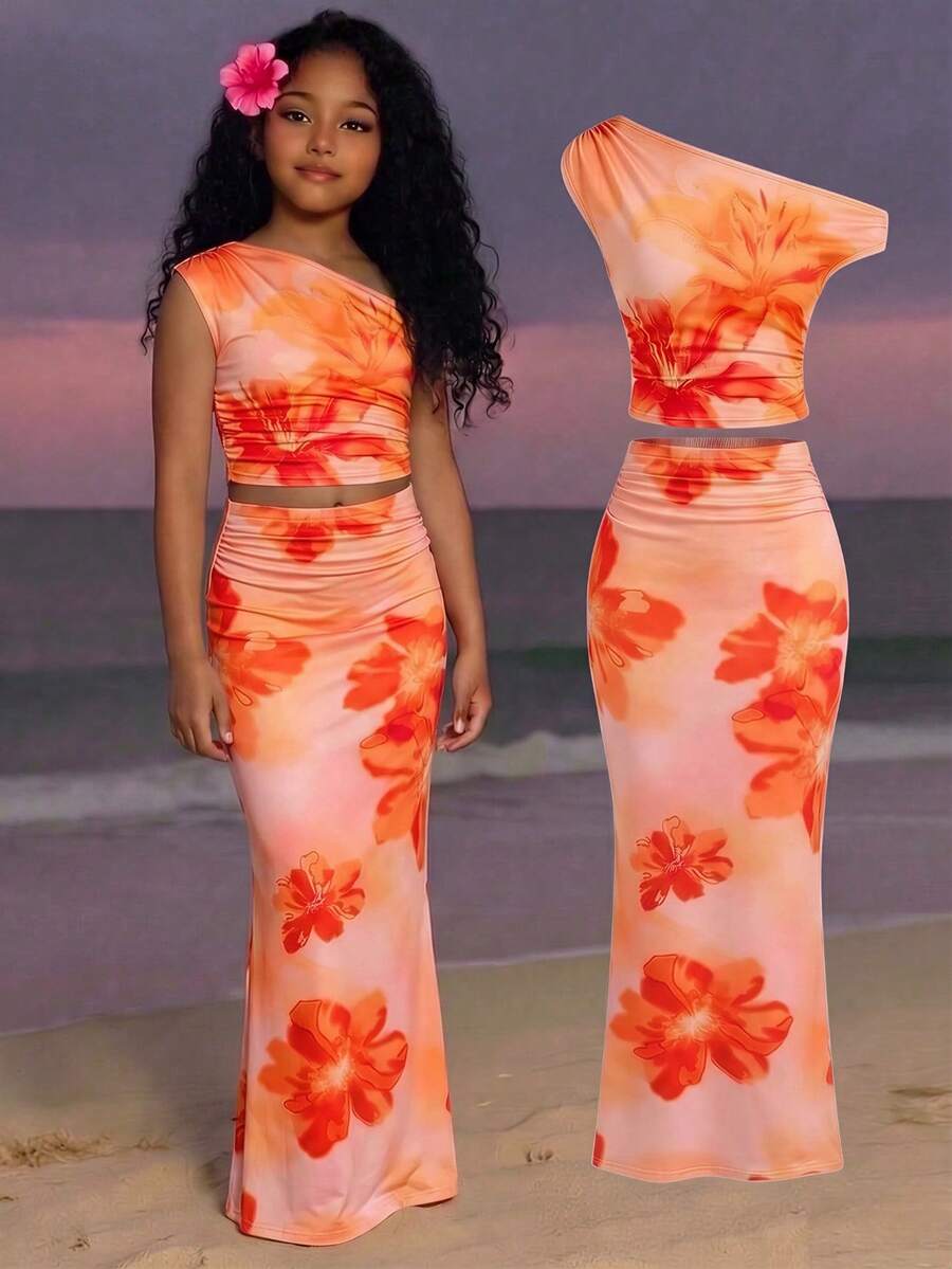 TEENGIRL Blue Casual Floral Pattern Asymmetric Ruched Fitted Two Pieces Skirt Set, Suitable For Summer & Vacation - Multicolor - View 1