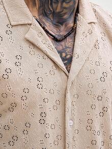Manfinity CasualCool Camisa de manga corta con cuello vuelto, suelta y casual, con diseño jacquard calado para hombres - Caqui - Ver 6