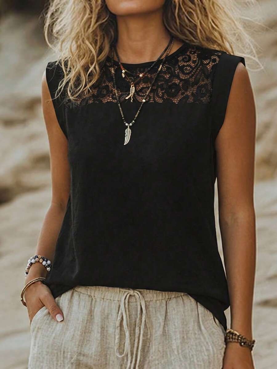 EMERY ROSE Summer Casual Solid Color Lace Patchwork Sleeveless T-Shirt Vacation Black - Black - View 1